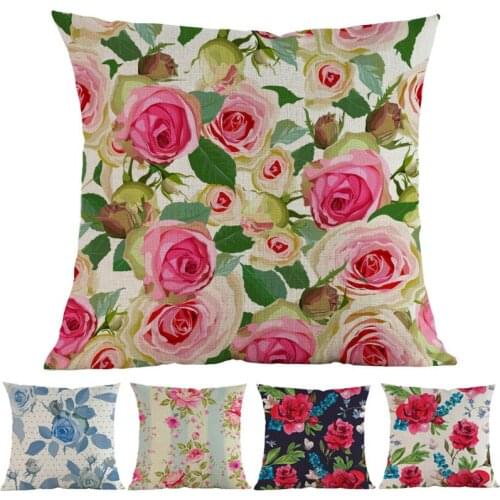 Watercolor Style Red Blue Pink Rose Pattern Linen Pillow Case Home Sofa Chair Decoration Cushion Cover Valentines Day Gift