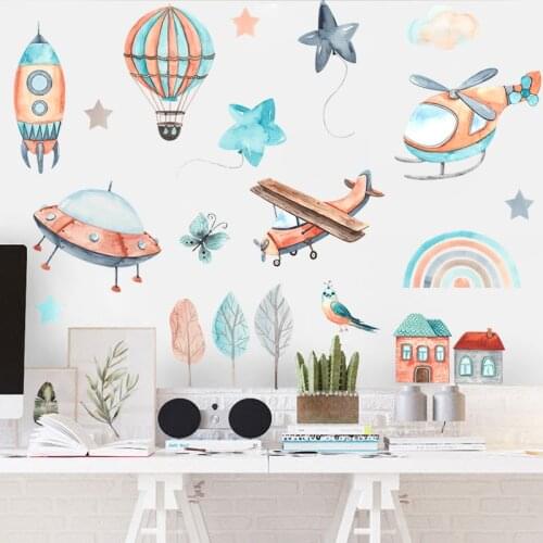 Cartoon Hot air balloon Wall Stickers for Boys Bedroom Kids room Nursery Kindergarten Wall Decor Airplane Wall Decals Murals