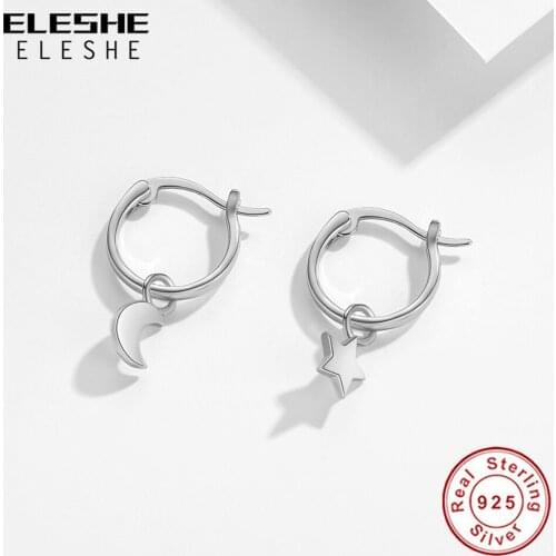 New Arrival Asymmetry Earrings 925 Sterling Silver Moon & Star Hoop Earrings for Women Trendy Jewelry Gift 2020