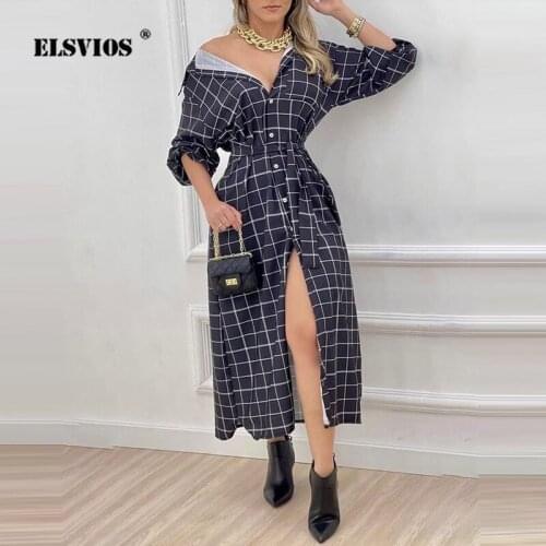 Autumn Elegant Womens Plaid Printed Buttons Cardigan Shirts Dress Long Sleeves Fashion Casual Lace-up Slim Suit Collar Dresses