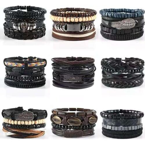 1pcs MenS Fashion Woven Leather Bracelets Alloy Wings Cross Multilayer Wide Wrap Jewelry Bracelet Ethnic Tribal Wristbands 2021