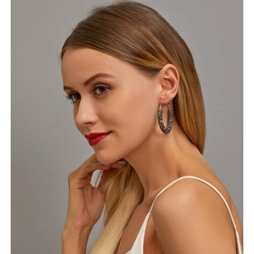 Exaggerated Crystal Cluster Hoop Earrings Geometric Half Circle C-shaped Earrings Vintage Trendy Women Jewelry Gray Black Gold