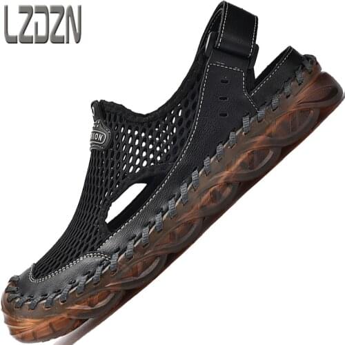 Summer Shoes for Mens slippers Sandals Mesh Genuine Leather Woven Holes Beach Ten Breathable Driving Non Slip Hollow Walking