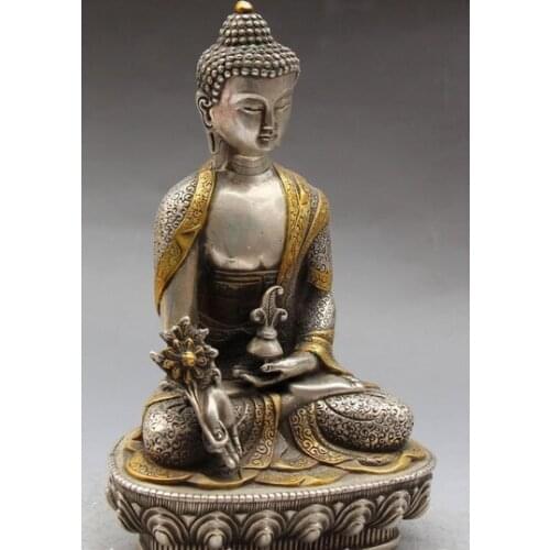8" Chinese Buddhism Silver Gilt Carving Seat Sakyamuni Medicine Buddha Statue