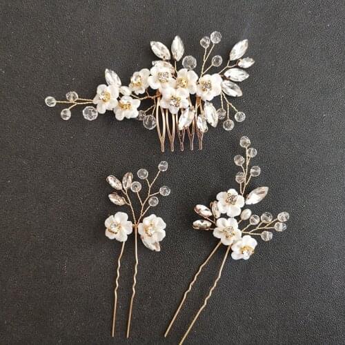 SLBRIDAL Handmade Rhinestone Pearls Ceram Flower Bridal Hair Comb Hair Pin Set Wedding Headpieces Women Jewelry Hair Accessories