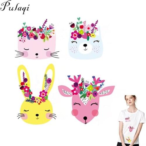 Pulaqi 4PCS Cartoon Iron On Heat Transfer Vinly Animal Friends Patches For Kids On T-shirt Clothing Thermal Transfers Decor F