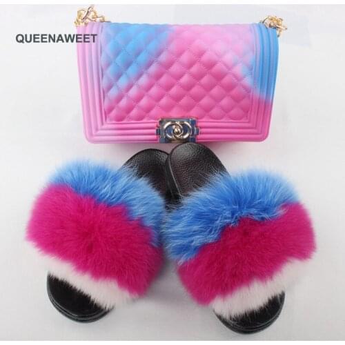 Women Summer Cute Fox Fur Slides and Cute Fluffy Slippers Jelly Bag Fox Fur Slippers Fashion Ladies Bags Real Fur Slides
