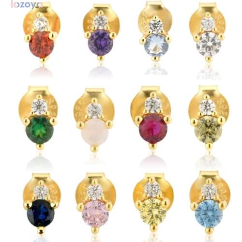 Lozoya 925 Sterling Silver Earring Piercing Women Gold 12 Months Gems Colorful Birth Zircon Charm Stud Fashion Jewelry Gift