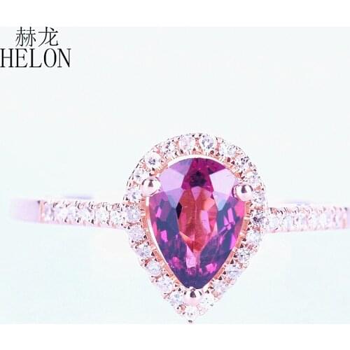 HELON Solid 14K Rose Gold Pear Cut 5x7mm Genuine Tourmaline & Diamonds Engagement Ring For Women Birthday Anniversarry Best Gift