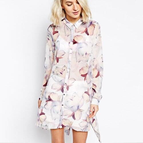 Girls European Fashion Floral Print Chiffon Loose Shirt Dress