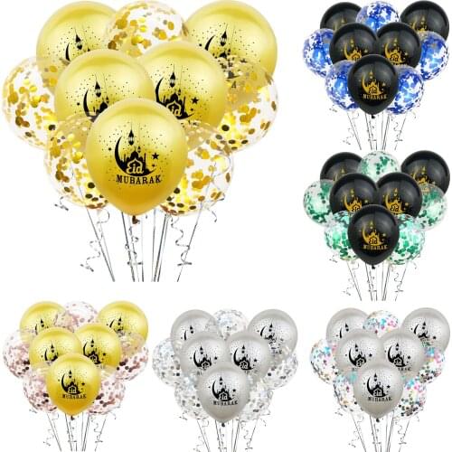 10pcs 12 Inches Eid Mubarak Balloons Sequined Confetti Balloons Ramadan Star Moon Balloon Party Decoration Supplies
