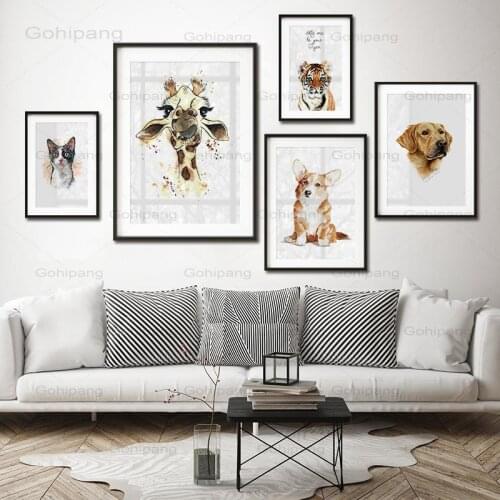 Watercolor Animals Poster Corgi Puppy Tiger Cat Giraffe Nursery Canvas Painting Wall Art Pictures Prints Nordic Kids Room Decor