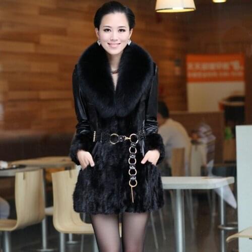 Free Shipping!!! Womens Winter New Brand Sheepskin Genuine Leather Mink Clothing Big Fox Slim Fur Coat/m-4xl