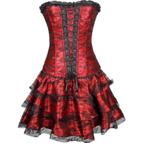 Women Burlesque Dancer Dress Sexy Lace Up boned Overbust Bustier Belt Waist Top+G-string+Skirt Gothic Shapers Plus Size Corsets