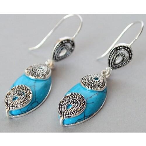 Elegant 925 Silver Jewelry Blue Natural jade Marcasite Waterdrop Earrings 14/5"