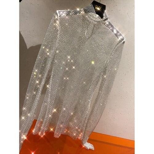 European Summer New Sexy Hollow Net Diamond Crystal Bling Shiny Bottoming T-shirts Women Tops Fashion Streetwear 2021