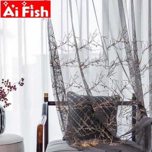 European Brown Branch Embroidered Pattern Window Treatment Drapes Tulle Curtains Gray Exquisite Voile For Living Room Bedroom #4