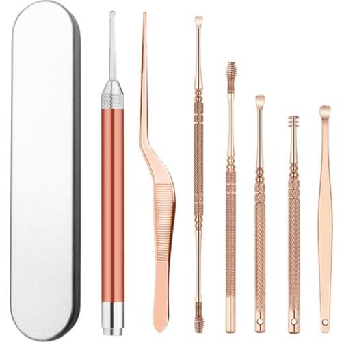 7pcs/set LED Ear Wax Pickers Stainless Steel Earpick Wax Remover Curette Ear Pick Cleaner Ear Cleaner Spoon Care Ear Clean Tool