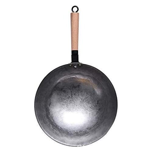 Chinese Hand Forged Wok Pan, Traditional Hand Hammered Carbon Steel Pow Wok with Bamboo Handle and Steel Helper Handle Non-stick