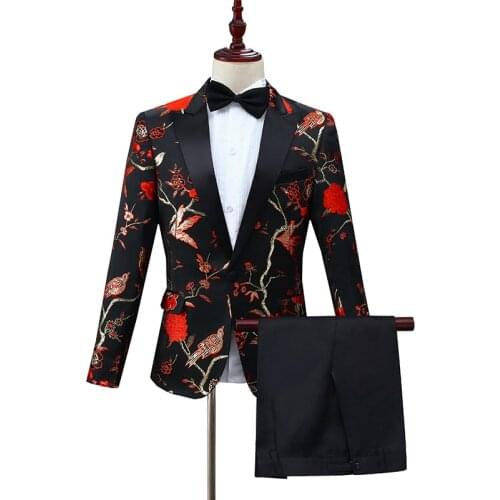 2 Piece Suit (Jacket+Pants) Men Black Red Embroidery Wedding Suits Men Prom Tuxedo Suit Stage Singer Costumes Terno Masculino