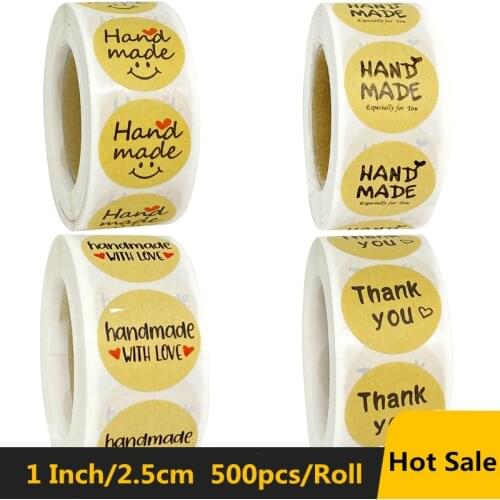 Round Natural Kraft Thank You Stickers Seal Labes 500pcs/roll Hand Made with Love Sticker Paper Scrapbooking Stationery Sticker