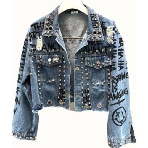2021 New Spring Autumn Beaded Diamond Graffiti Print Ripped Denim Short Jacket Outerwear Female Loose High Waist Cowboy Jackets