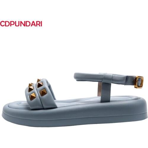Fashion Rivet Ankle Strap Genuine Leather Flat Platform Sandals Women Summer Casual Shoes Sandales Femmes 2021 Sandalias Mujer