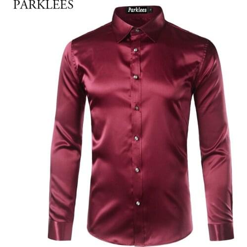 Fashion Casual Mens Silk Satin Dress Shirts 2017 Emulation Silk Slim Fit Shirt Men Chemise Homme Business Wedding Male Shirts