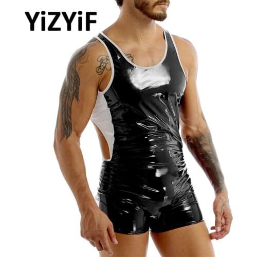 Mens Short Bodysuit Sexy One-piece Wet Look Patent Leather Sleeveless Backless Skin-Tight Leotard Bodysuit Jumpsuit Sleepwear