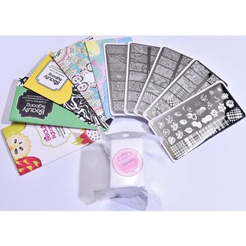 Beautybigbang 5PCS Stamping Plate Set Stainless Steel Flower Leaves Wave Fruit Image With Remover Wipe Nail Art Stamp Template