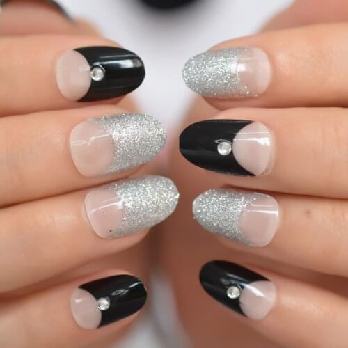 Silver Glitter Fake Nails Tips Half Balck And Nude Gel Press On Nails Short Round Shape DIY Crystal Nail Art