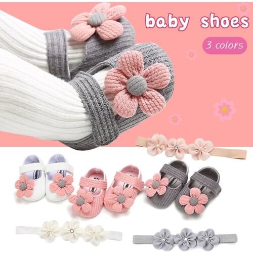 0-1 years Old Baby Girl Shoes Spring Autumn Knitting Soft-sole Infant Newborn Baby First Walker Flower Princess Shoes Headband