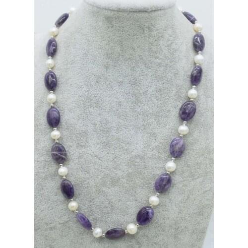 Wholesale freshwater pearl white near round 8-9mm and amethyst flat oval necklace 48cm xmas gift
