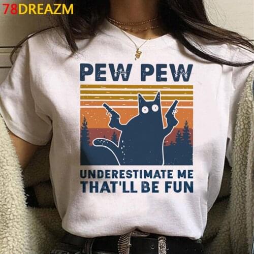 Pew Pew Madafakas Women T Shirt Kawaii Black Cat Graphic Tees Funny Meme Cartoon Summer Tops Tee Unisex Harajuku Tshirt Female
