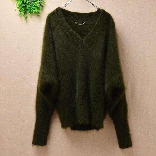 Female women winter clothing hairy mink cashmere knitted v-neck long batwing sleeve loose pullover angora fur sweater jumper top