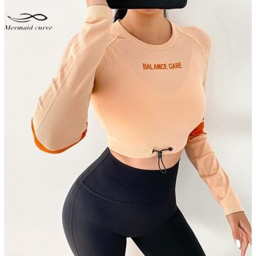 Mermaid Curve Autumn New Women Letter Seamless Yoga Shirts Quick-Drying Tight Elastic Buckle Long-Sleeve Running Fitness Top