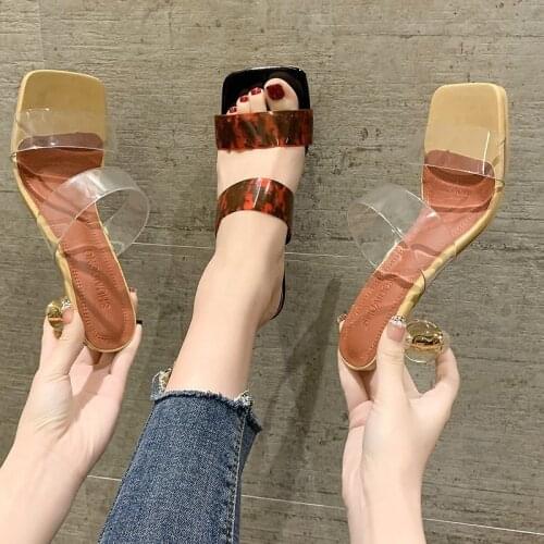 2021 New Summer Clear Transparent Slippers Female Slides Women Shoes Woman Mules Thick Mid Heels Ladies Slippers Plus Size