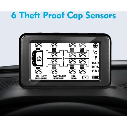 TPMS Tire Pressure Monitoring System with 6 Theft Proof Cap Sensors Large LCD Display for RV Truck Bus Trailer Real Time TPMS