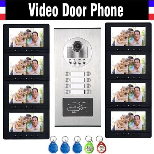 8 Units Apartment Intercom System Video Intercom Video Door Phone Kit HD Camera 7" Monitor with RFID keyfobs for 8 Household