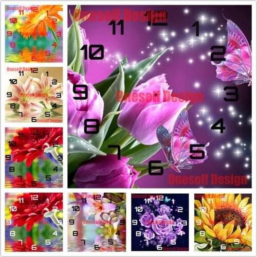 Top popular flower 5d diamond painting clock diamond embroidery clock flower rhinestone pictures decoration home diamond art kit