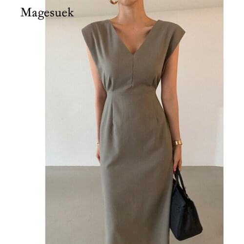 Vintage Solid V-neck Zippers Sleeveless Dress Chic Korean Style Summer Women Midi Dress Elegant Women Slim Dress Vestidos 15621