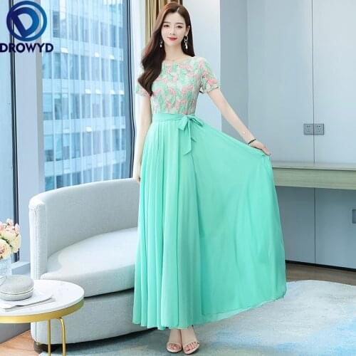 2021 Summer Boho Beach Maxi Dress for Women Elegant Hot Sale O-neck Short-sleeve Lace Chiffon Long Women Dresses Plus Size M-4XL