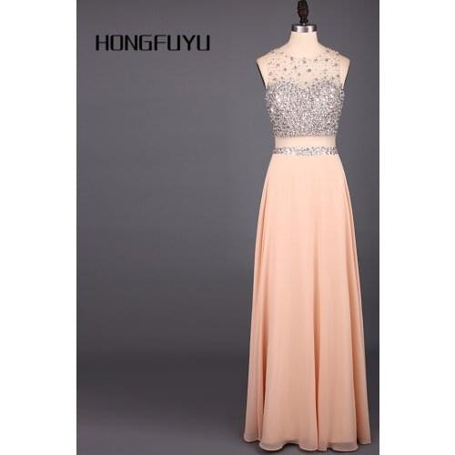 New Beauty Pink Yellow A Line Chiffon O-Neck Long Evening Dresses 2021 Sleeveless Beading Floor Length Evening Dress SML214