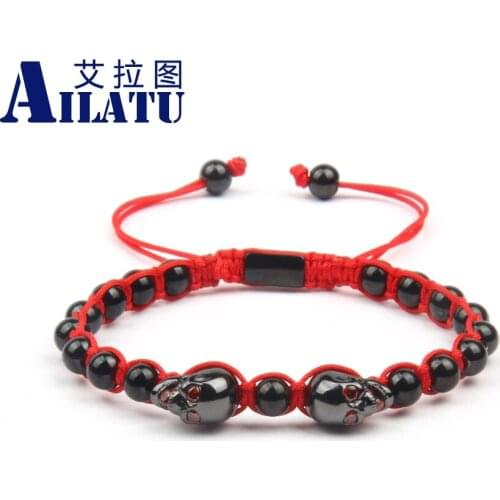 Ailatu Double Skull Skeleton Macrame Bracelet with 6mm Stainless Steel Beads Free Logo Service
