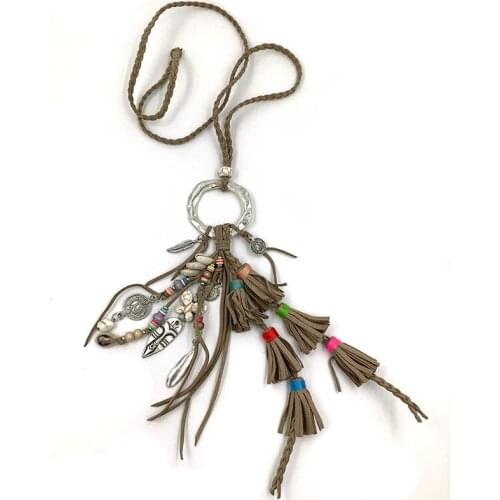 Bohemian necklace beaded women long chic boho necklace multi layers leather tassel pendant necklace handmade statement 2021 new