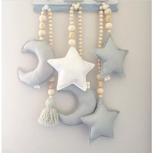 C Nordic Style Wooden Bead Stuffed Moon Star Toys Rattles Baby Wood Toys Crib Tent Decorations