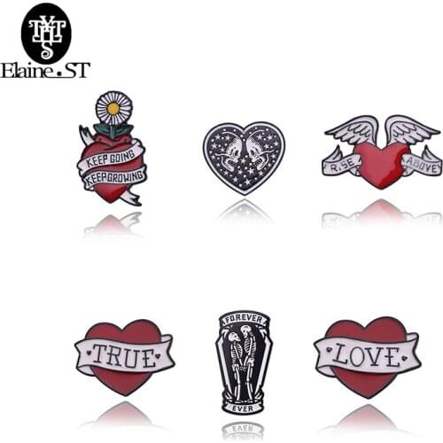 Gothic Red Heart-shaped Skeleton Brooch"LOVE,TRUE,RICE,ABOVE,KEEP GOING,FOREVER "Cartoon Enamel Brooch Pins Jewelry Friends Gift