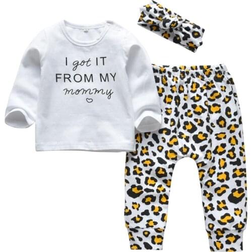 Baby Girl Clothing Sets Long Sleeve Outfit I got it from my mommy Letter Print Tops and Leopard Pants With Headband Baby Clothes