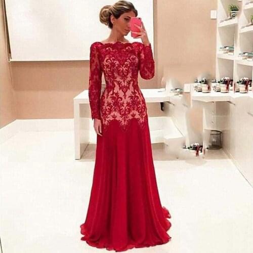 Red Mother Of The Bride Dresses A-line Long Sleeves Chiffon Appliques Lace Long Groom Mother Dresses For Weddings