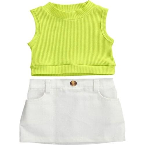 Summer Kids Girl fashion Clothes sleeveless green vest Tops Fluorescence T-Shirt Mini Button white Skirt Outfits Set